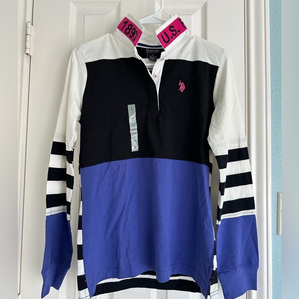 U.S. Polo Assn. L/S color-block Girls Large rugby shirt purple White Black Pink - Picture 2 of 6